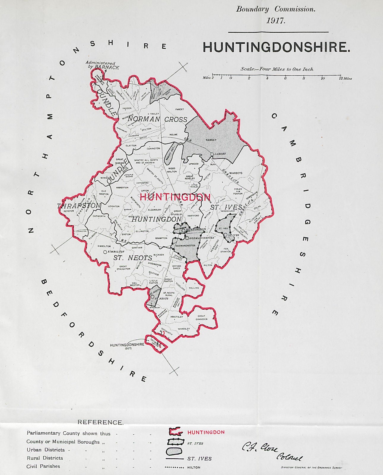 Huntingdonshire Parliamentary County. BOUNDARY COMMISSION. Close 1917 old map